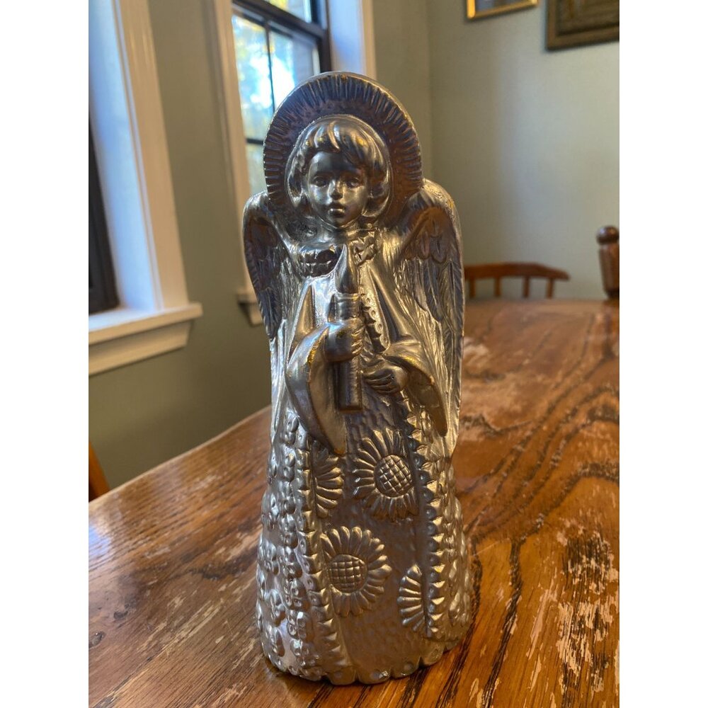 Vintage Silver-Colored Angel Figurine With Floral Dress Holding Candle